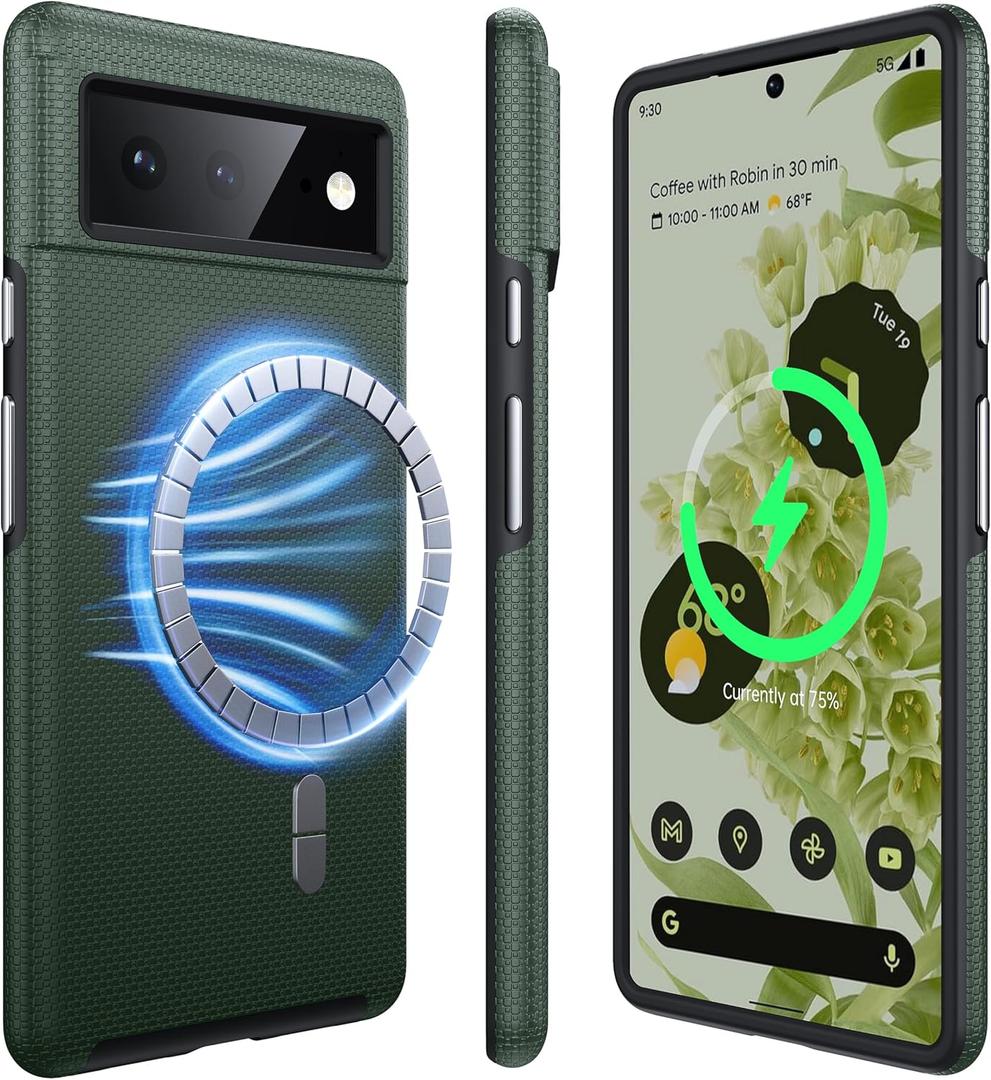 Strong Magnetic for Google Pixel 6 Case Compatible with MagSafe [2024 Upgraded] [Dual Layer Heavy Duty] [Military Shockproof] Rugged for Google Pixel 6 Phone Case Slim,Forest Green