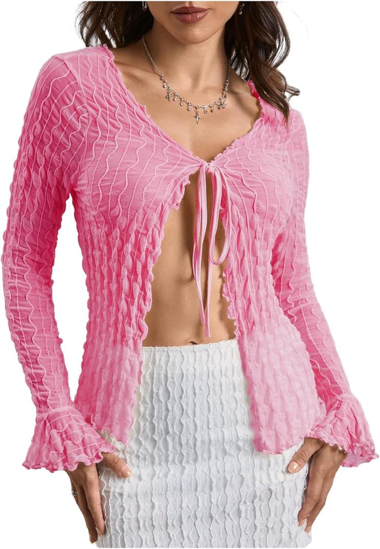 Milumia Women's Y2K Textured Lettuce Trim Tie Front Cardigan Long Sleeve Sheer Shrug Top Cover Ups Pink, X-Large