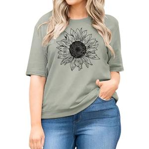 Plus Size Womens Summer Sunflower T Shirt Flower Graphic Oversized Tee Crew Neck Short Sleeve Casual Loose Tops (5X-Large, Sage Green)