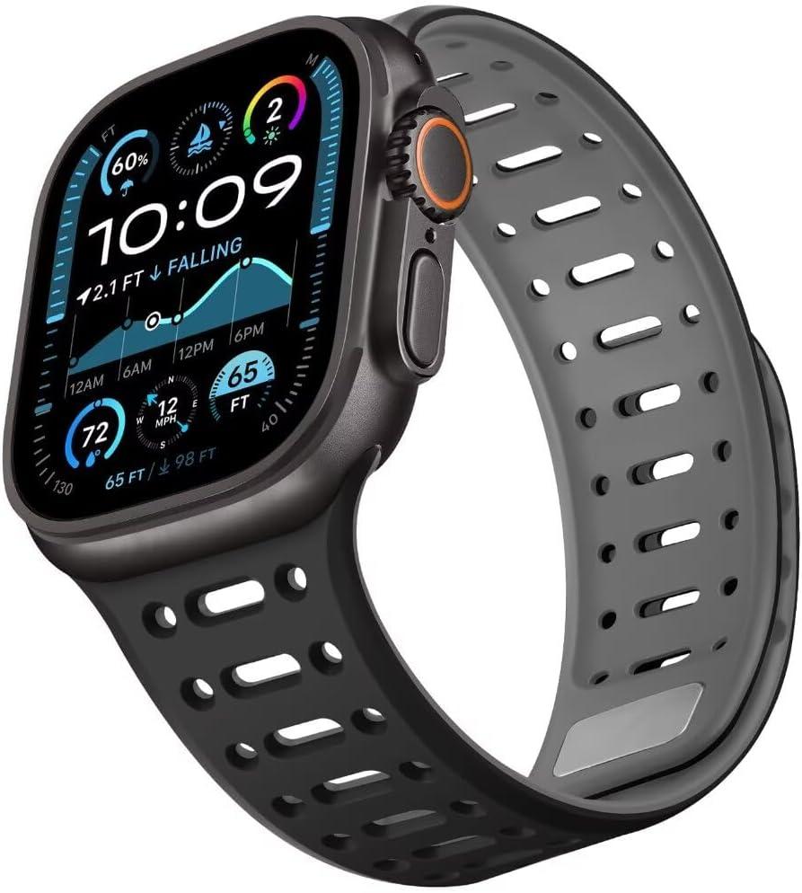 ZZDZZ Compatible with Apple Watch Band 49mm 46mm 45mm 44mm 42mm 41mm 40mm 38mm, Magnetic Silicone Sport Breathable Strap for iWatch Ultra 2 SE Series 10 9 8 7 6 5 4 (49/ 46/ 45/ 44/ 42mm, Black/ Gray)