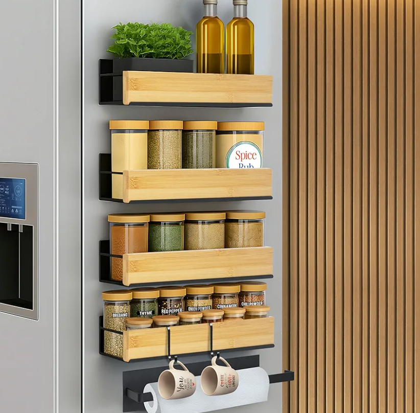 4 Pack Magnetic Spice Rack for Refrigerator – Strong Magnetic Shelf for Fridge, 4 Large Spice Organizers, Paper Towel Holder & 8 Hooks – Kitchen Storage by Home Haven.