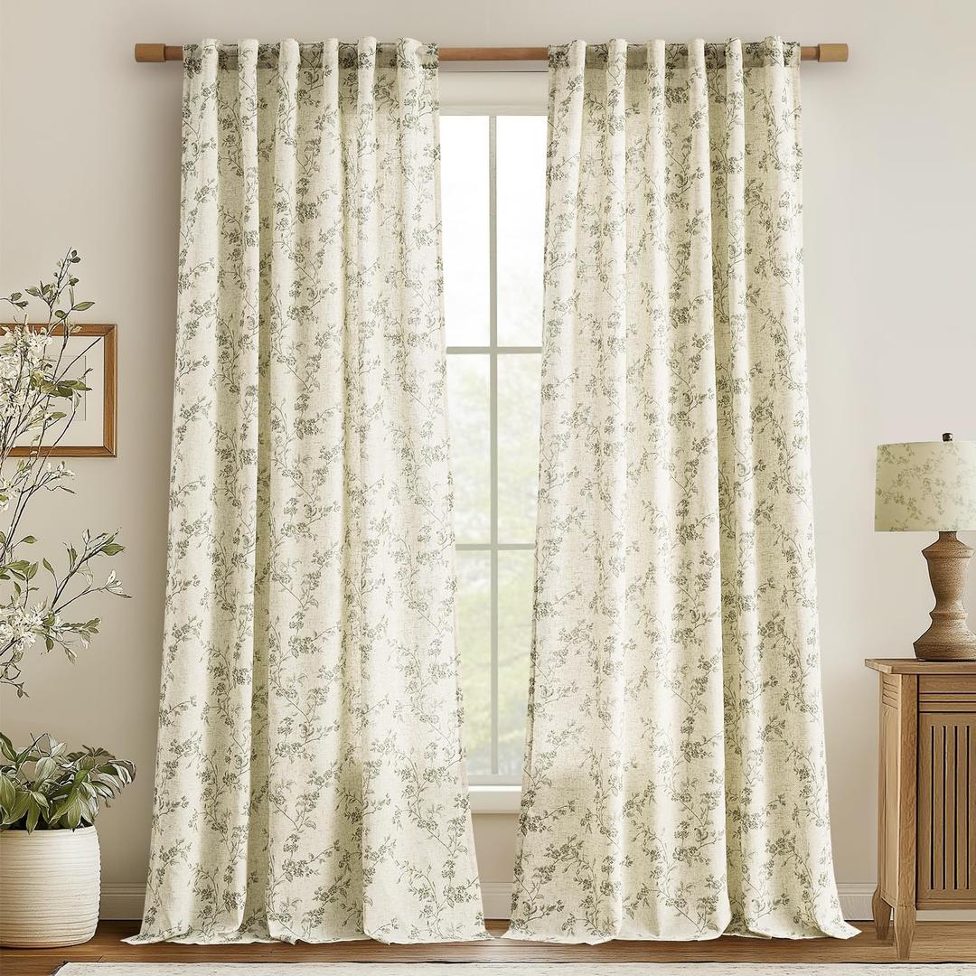 jinchan Linen Floral Curtains for Living Room 96 Inch Length Sage Green Printed Curtains Back Tab French Country Farmhouse Flower Patterned Drapes Bedroom Window Curtain Set 2 Panels