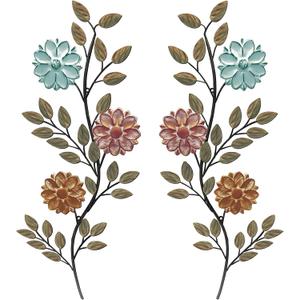 MorningRo 2 Pcs Metal Flower Leaves Wall Art 15.75 Inch Spring Wall Decor Metal Leaf Wall Art Vintage Leaf Wall Hanging Rustic Wall Decor for Holiday Indoor Outdoor (Colorful)