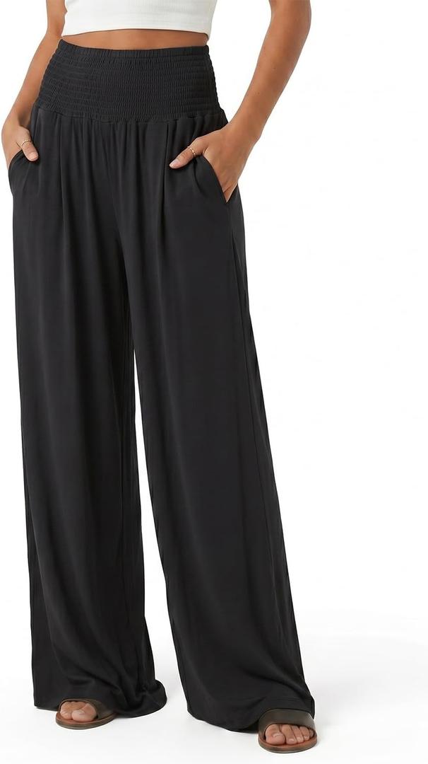 Zylioo Tall Womens Pants Wide Leg Palazzo Pants Elastic Waist Baggy Long Inseam Summer Lounge Beach Bottoms with Pockets (Black, M)