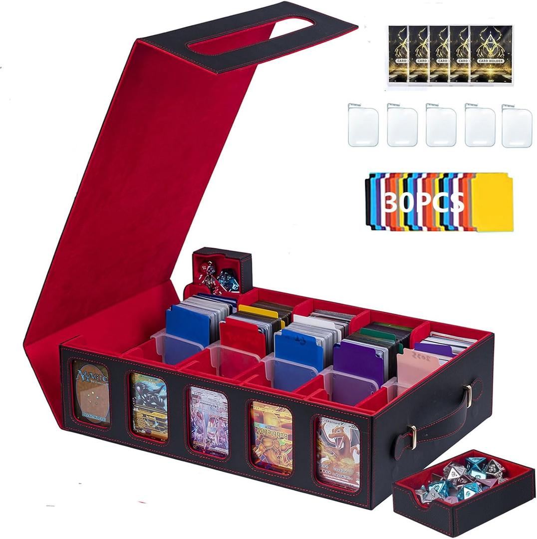 3900+Trading Card Storage Box MTG Commander Deck Box TCG Deck Case with Display Windows Dice Tray, Card Organizer 30 Colorful Dividers& 5 Supporters& 5 Top loaders (Red)