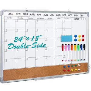Calendar Whiteboard for Wall,24" x 18" White Board Calendar Dry Erase with Silver Aluminum Frame,Double Side Wall Hanging Board for Office,Home,Kitchen