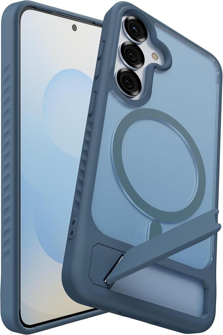 Magnetic for Samsung Galaxy S24 Plus Case / S25 Plus Case with Kickstand, Compatible with Mag-Safe, Slim Shockproof Grippy Translucent Matte Phone Cover, Built in Invisible Stand, Navy Blue