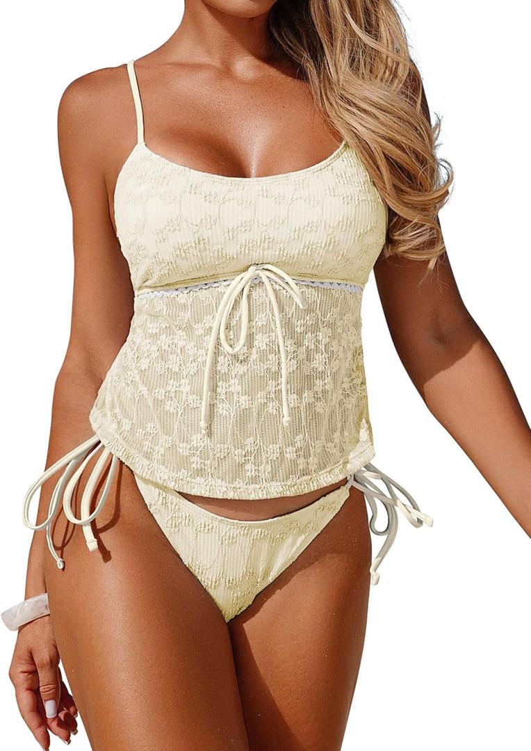 ZAFUL Tankini Swimsuits for Women Lace Contrast Floral Bikini Set Tummy Control Two Piece Bathing Suit (Small, 1-off White)