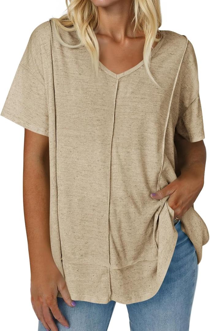 Tankaneo Womens Oversized Tshirts Knit V Neck Short Sleeve Tunic Tops Summer Casual Loose Fit Tee Shirts (L)