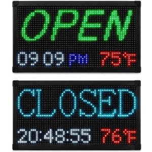 LED Open Closed Sign for Business, Waterproof Programmable Store Sign with Auto Timer, Clock Temperature Date Display, Scrolling Message Board for Shop Restaurant Barber
