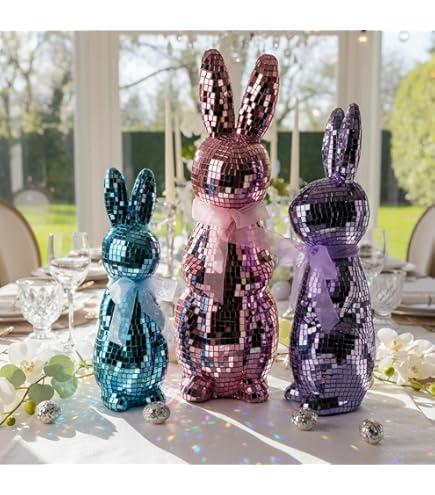 Lanpn 3PCS Mosaic Glass Bunny Easter Decorations, Decorative Disco Rabbit Sculptures for Easter Centerpieces, Spring Tabletop & Shelf Decor, Home Decoration Seasonal Gift (Pink, Purple, Blue)