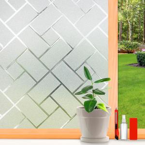 Window Privacy Film Frosted Glass Window Film Sun Blocking Window Tinting Film for Home, Static Clings Removable Frosting Bathroom Door Window Covering, 45.2 inch x 78.74 inch, White-grid