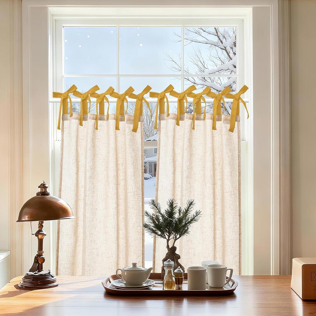 Jinchan Linen Tie Top Curtains 36 Inch Length Farmhouse Cafe Curtains Set of 2 for Bedroom Bathroom Rustic Small Windows Light Filtering Crude Panels with Mustard Yellow Ties