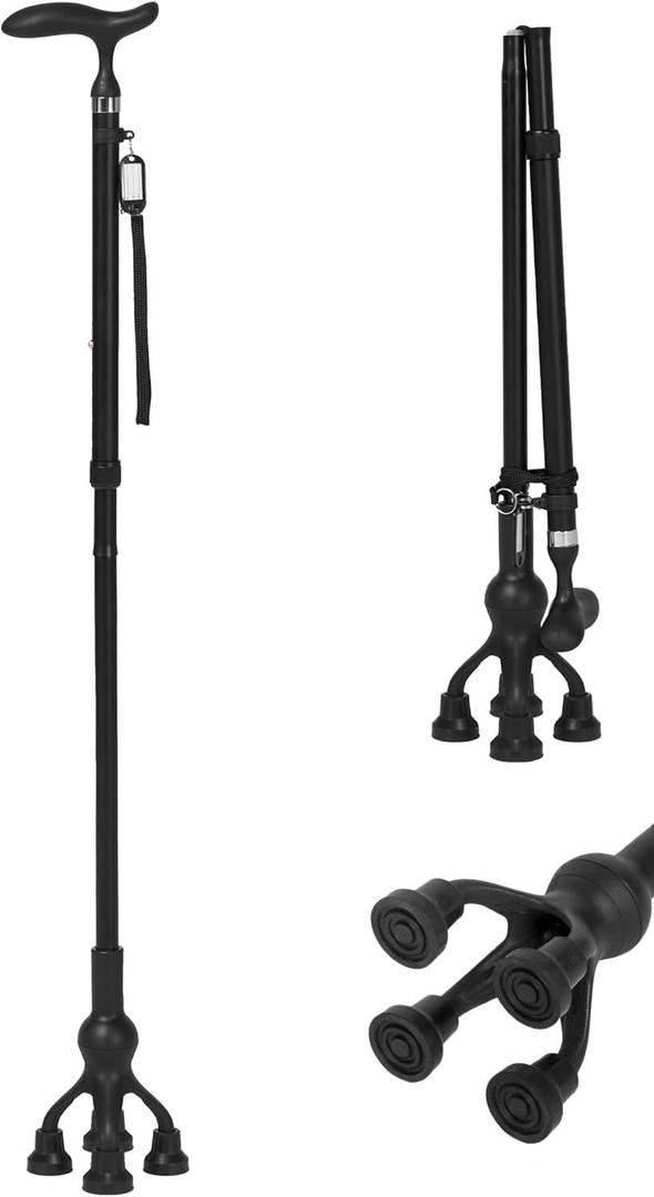 Careboda Foldable Walking Cane for Men & Women, Adjustable Cane with T-Handle, Free Standing Cane for Seniors & Adults, Mobility and Daily Living Aids, Supports up to 300 lbs, Black