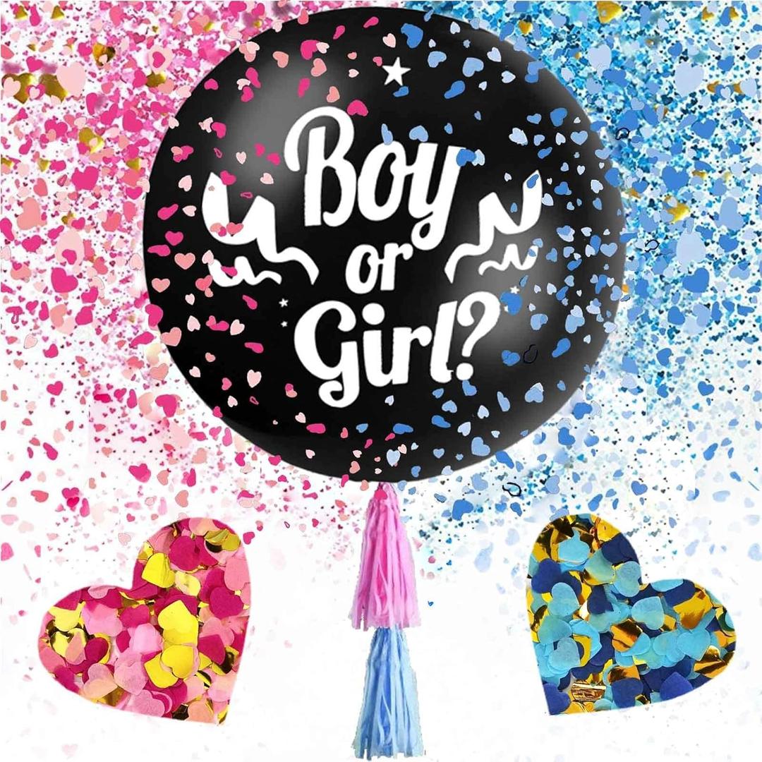 Gender Reveal Confetti Balloon Party Supplies Decoration Kit 2 Pack 36 Inch Big Black Balloons Pink and Blue Heart Shape Confetti Packs Pink and Blue Tassels Boy or Girl shower Black