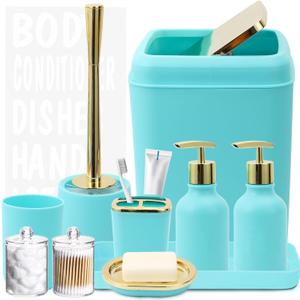 Teal Bathroom Accessories Set - 10 Piece Bathroom Accessory Set with Trash Can, Soap Dispenser, Soap Dish, Toothbrush Holder and Cup, Toilet Brush, Qtip Holder, Bathroom Decor Sets Complete