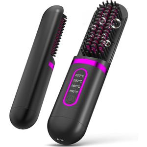 Cordless Hair Straightener for Women, Go Brush Pro Rechargeable Electric Hot Straightener Comb, Portable Mini Heated Hair Straightening for Travel (Black)