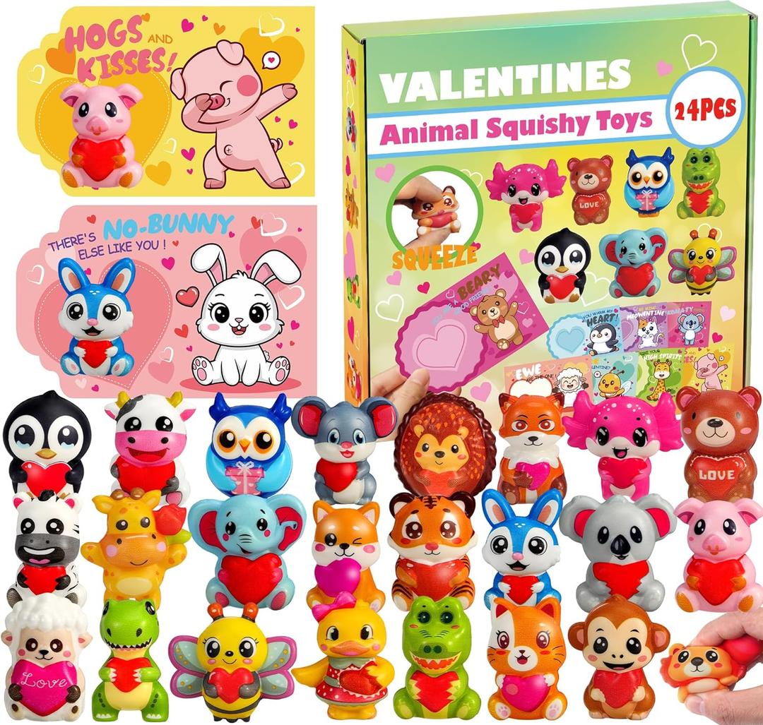 24Pcs Valentines Day Gifts for Kids, Animal Heart Squishy Toys With Cards for Galentines School Gift Exchange, Classroom Prizes, Bag Stuffers, Party Favors