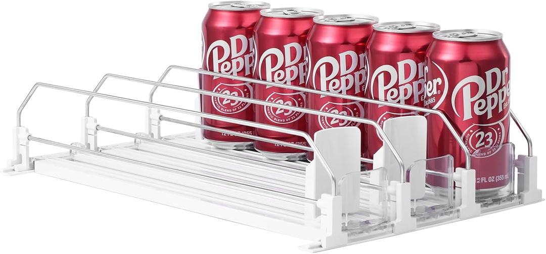 Drink Organizer for Fridge-White Automatic Pusher Glide,12oz 16oz 20oz-Soda Dispenser for Fridge-Holds up to 15 Cans