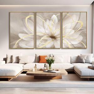 SOUGUAN Living Room Decor White Flower Artwork Gold Canvas Wall Art Abstract Line Painting for Bedroom Kitchen Dining Room Home Wall Decor 26"x40"x 3 Pieces 