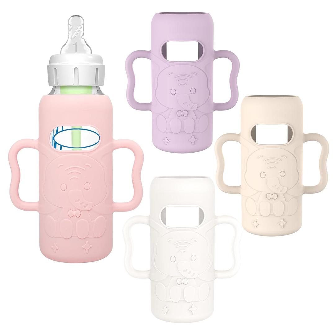 KingKam 4 Pack Silicone Sleeves for Dr. Brown's Glass Baby Bottles, Drop Protection Bottle Sleeves with Handles, Compatible with Dr. Brown's Anti-Colic Options+ Narrow Glass Baby Bottles, 8 oz/250 mL (Pink + Purple + White + Beige 8OZ)