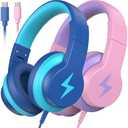 Kids Headphones for School 1 Pack, Upgrade USB C Headphones for Kids, Wired Headphone for Kid, HD Stereo Sound, Foldable Kid Over-Ear Headphone for Boys, Girls, iPad, PC, Tablets, Travel Blue