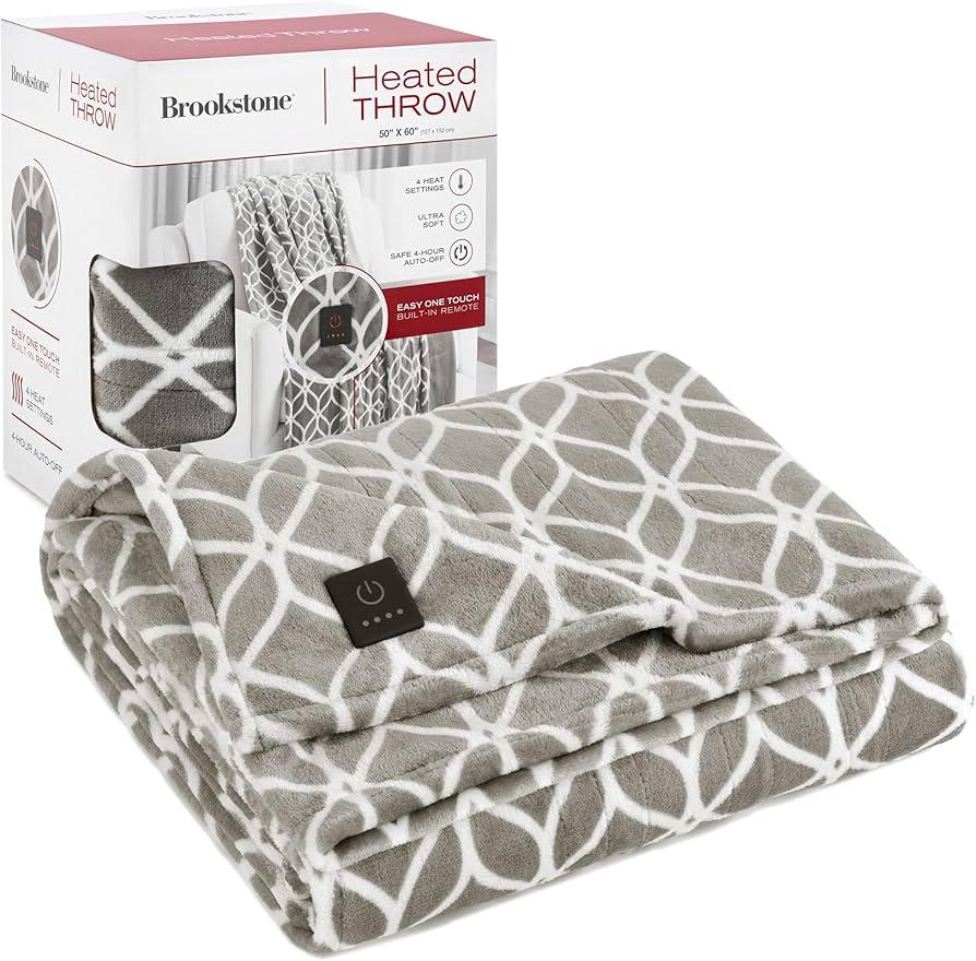 Brookstone Heated Plush Throw Taupe Trellis, Size 50"x60" Inch