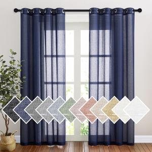 NICETOWN Linen Textured Sheer Bedroom Window Curtains, Grommet Semitransparent Vintage Natural Open Linen Wave Privacy Sheer Draperies for Hall/Villa, Dark Blue, 52W by 84L, Set of 2