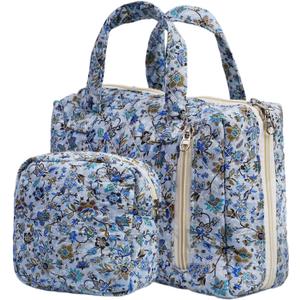 Cute Quilted Floral Makeup Bag(2Pcs)，Coquette Aesthetic Cosmetic Bag，Travel Toiletry Bags， Kawaii Aesthetic pouch for Women (14-BlueVine)