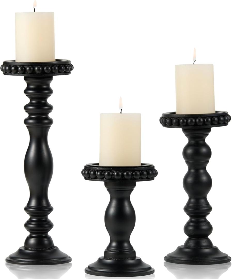 Wood Candle Holders for Pillar Candles, 3-Piece Vintage Rustic Tall Modern Farmhouse Holder Set, Decorative Wooden Candlestick Stand for Fireplace Mantel, Table Centerpiece Decor - Black (Distressed White)