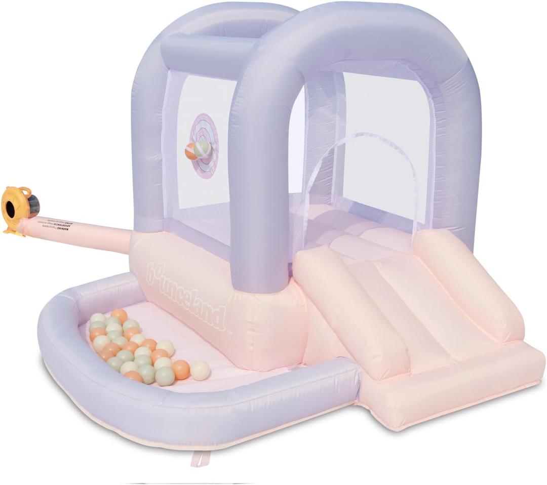 Bounceland Mini Bouncer Cotton Candy with Ball Pit, 6ft L x 6ft W x 4.6ft H inflated Size, UL Blower Included, Basketball Hoop, 30 Pastel Plastic Balls, Trendy Bouncer for Kids