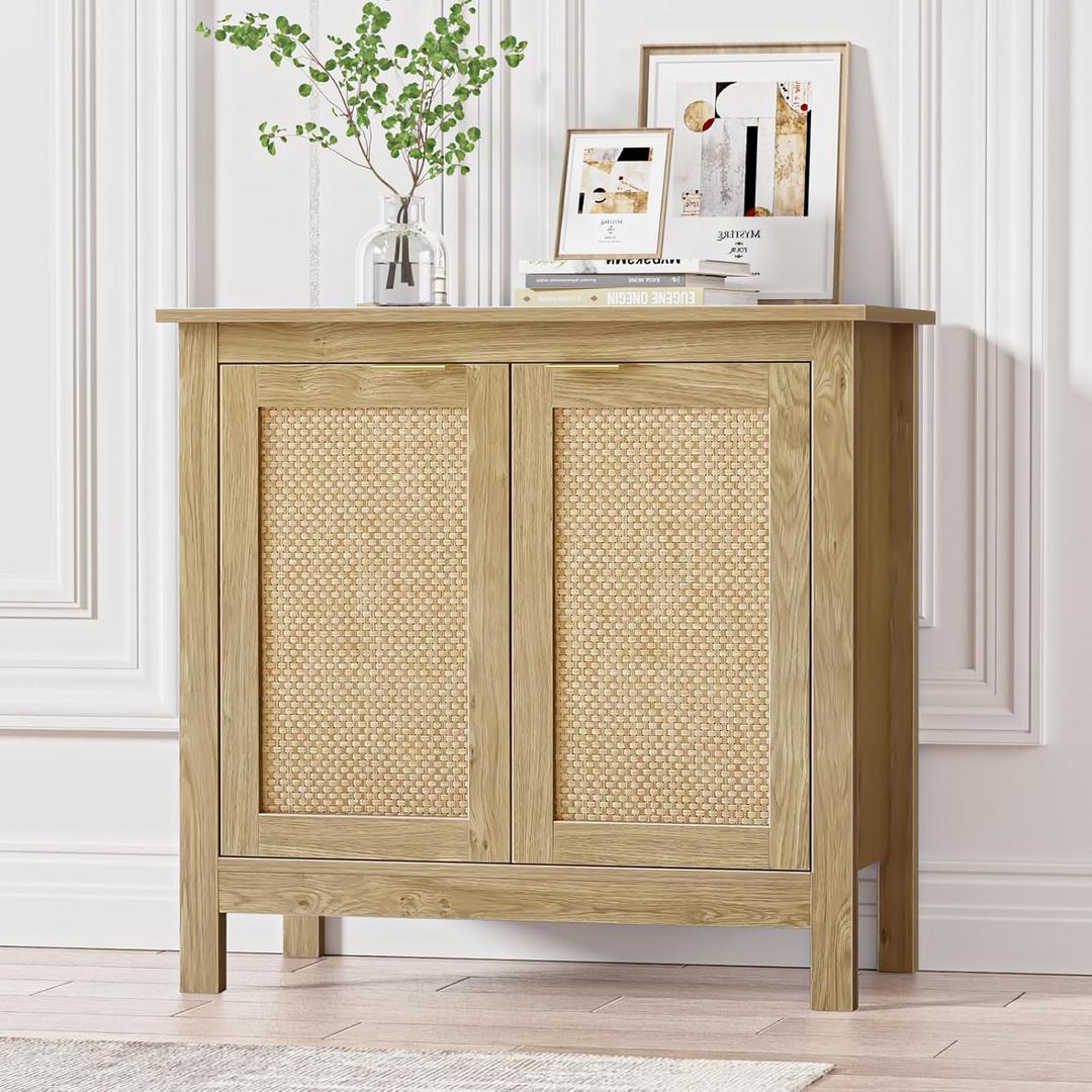 Giluta Sideboard Buffet Cabinet, Farmhouse Kitchen Cabinets with 2 Rattan Doors, 30''H Boho Cabinet for Entryway