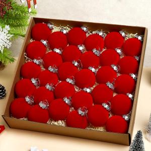 30 pcs Red Flocked Velvet Christmas Tree Ball 2.4inch Christmas Tree Ornaments Shatterproof Plastic Decorative Hanging for Xmas Holiday Family Home Store Indoor Decors