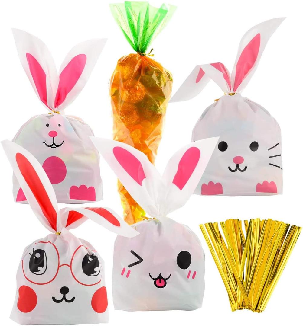 Jetec 100 Piece Easter Goodie Bags Including 40 Pcs 5.5 x 8.5 Inches Bunny Treat Bags and 60 Pcs Carrot Shape Gift Easter Candy Cone Cellophane with 100 Twist Ties Cookie Snack Party(Color Set B)