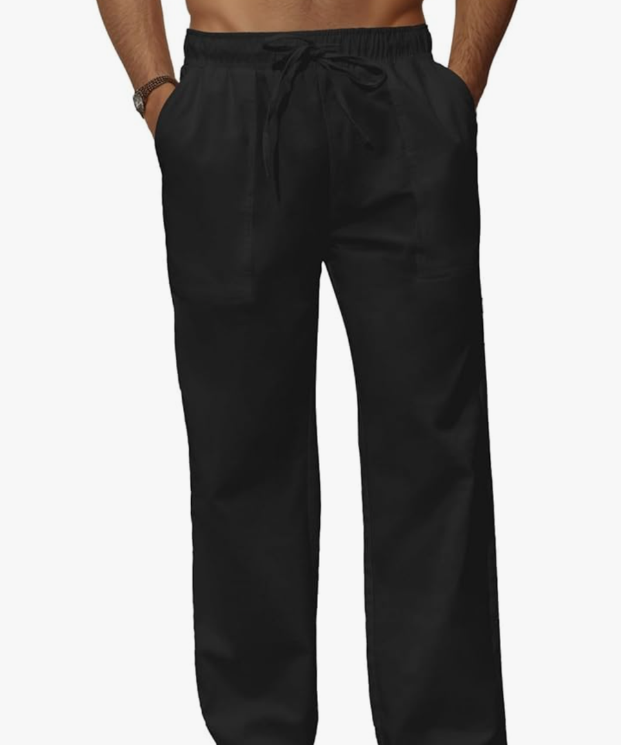 Mens Casual Linen Pants Elastic Wasist Drawstring Lightweight Summer Beach Yoga Pants Trousers with Pockets, Medium