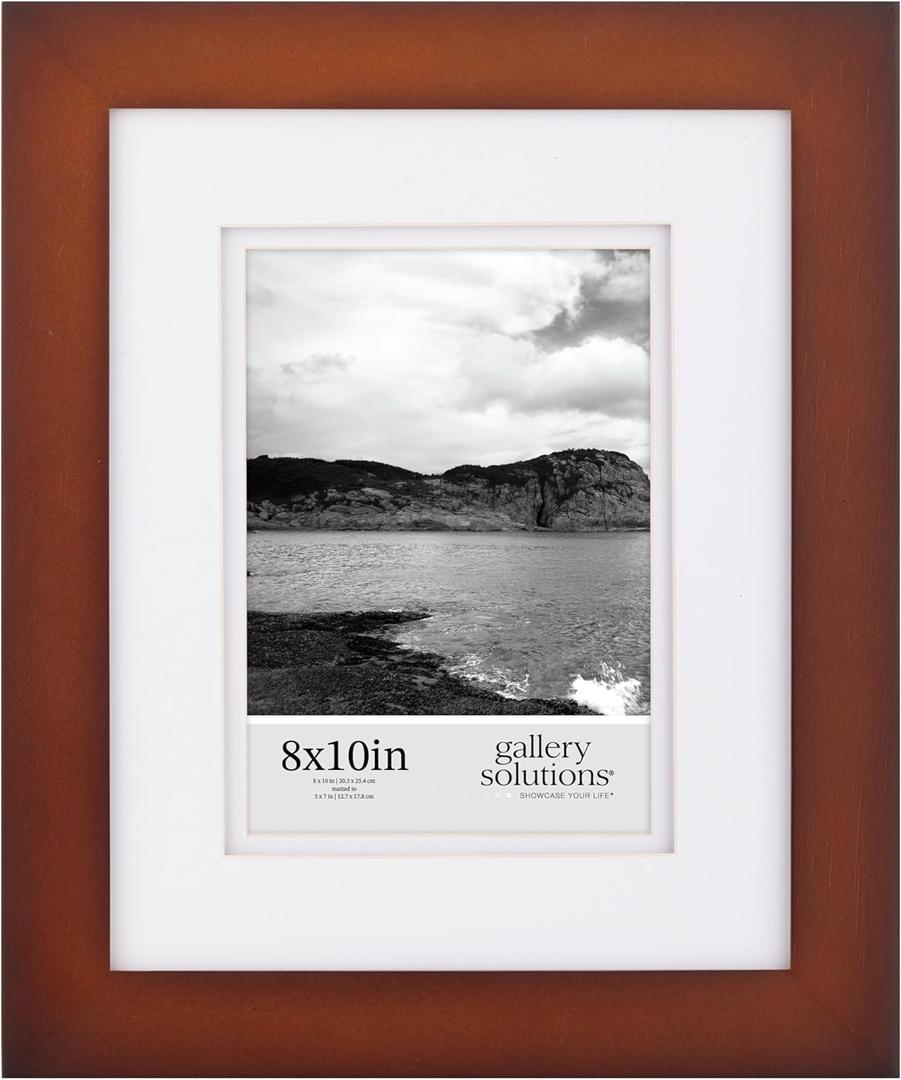 Gallery Solutions - 8"x10" Flat Walnut Frame - Rectangular Tabletop or Wall Mount - For 5"x7" Pictures - Premium Walnut Wood with Double White Mat - Versatile-Elegant For Home or Office Dcor - Traditional Photo Frame