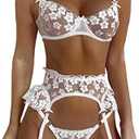 Kaei&Shi Bridal Lingerie,Floral Lace Ruffle Garter Lingerie Set,3 Piece Bachelorette Outfit For Bride Wedding Night Honeymoon, Medium 