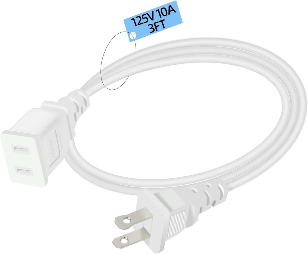 Small 3FT White Flat Extension Cord 2-Prong Polarized Light-Duty ETL Listed Power Cable,18AWG 125V 10A 1250W for Indoor Use,Slim Flexible Design for Holiday Lights, Lamps, Cameras & Small Appliances