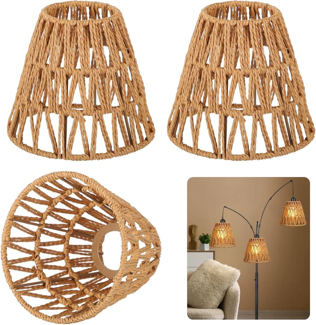 3 PCS E27 Rattan Lamp Shade,Bell Woven Wicker Lampshades Replacement,Paper Rope & Metal Frame,Bohemian Style Light Shade Replacement for Table Lamps,Pendant Lights,Wall Lights