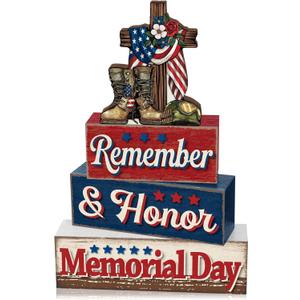 Yuntau 4 Pcs Memorial Day Table Decor Patriotic 4th of July Tiered Tray Decor Remember Honor Our Heroes Wooden Sign Red White Blue Table Centerpiece for Home Office Desk 250th Anniversary Decorations
