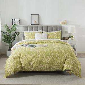 Travan Cotton Duvet Cover Queen Green Floral Duvet Covers Super Soft Comforter Cover with Zipper Closure, (Green Floral, Queen Size)
