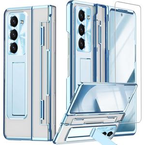 for Samsung Galaxy Z Fold 6 Clear Case with Flat Hinge Protection, Fold6 Kickstand Case with Screen Protector Scratch-Resistant All-Inclusive Transparent Protective Cover for Z Fold 6 Blue