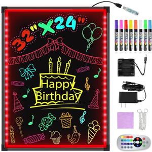 Hosim 32"x24" LED Message Writing Board, Neon Sign for Business & Restaurants, Illuminated Erasable Menu Board, 8 Colors Markers & 16 Lighting Colors, Flashing Light Up Display for Bar, Party, Wedding