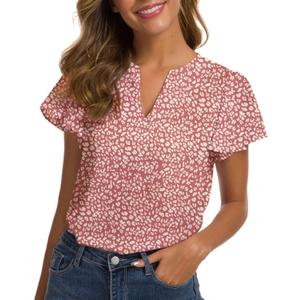 Women's Casual Ruffled V Neck Chiffon Blouse Short Sleeve Office Work Elegant Shirt Vintage Basic Tops (Pink Print)