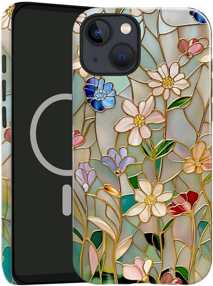 Case Compatible with iPhone 14,Compatible with MagSafe,Glossy Fall Prevention Hybrid 2-Layer Hard Shell Cases for Girls Boys,Stained Glass Bloom Flower