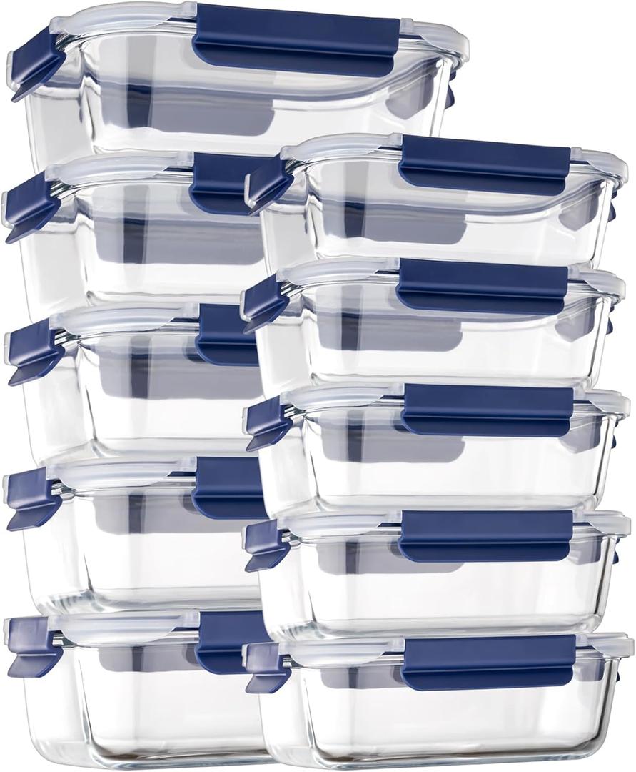 Glass Food Storage Containers with Lids Airtight, [10 Pack] Glass Meal Prep Containers, Storage Container Set with Bpa-free Lid for Food, Lunch Bento Box (Blue)