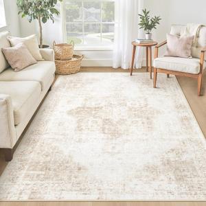 Area Rug 4x6 Washable Rug, Vintage Boho Medallion Rugs Non-Slip Soft Low Pile Distressed Rug Indoor Retro Carpet for Living Room Bedroom Dining Room Home Office (Beige, 4'x6')