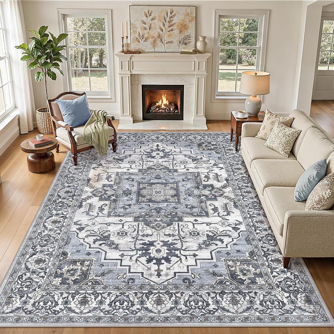Washable 8x10 Area Rug, Vintage Rugs for Living Room, Blue/Grey | Non-Slip, Stain Resistant, Soft Low Pile Carpet for Bedroom, Dining Room, Nursery, Office, Kid & Pet Friendly Home Decor