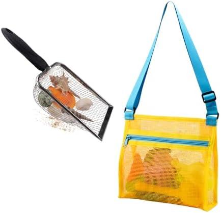 MUYIZI Beach Mesh Shovel with Mesh Shell Bags, Kids Filter Sand Scooper for Picking Up Shells,Shark Tooth Sifter Dipper for Boys and Girls,Beach Toys Accessories (Yellow) - Pack of 2