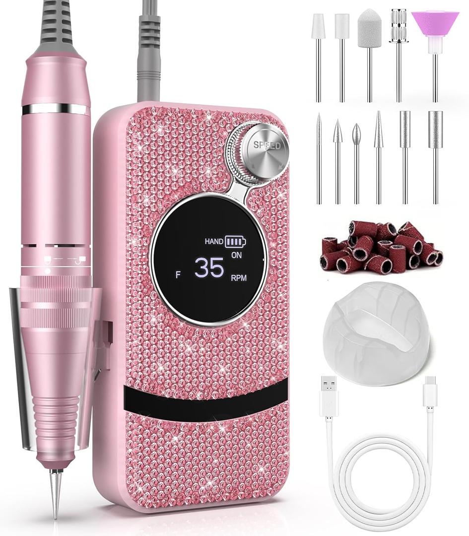 Professional Electric Cordless Nail Drill File with 11 Nail Drill Bits, 35000RPM DIY Glitter e Filer for Nails Kit Machine for Acrylic Nails Gel Polishing for Manicure Salon Home (Pink)